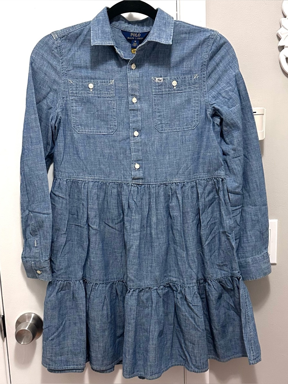 Polo Ralph Lauren Blue Chambray Tiered Long Sleeve Shirt Dress Girls 14 Collar